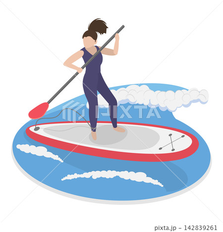 3D Isometric Flat Vector Illustration of Paddling, Group Of Cartoon Characters Trying Stand-Up Paddle Surfing. Item 2 142839261