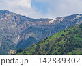 Landscape shot of mountain slopes covered in green grass and a mixed forest of coniferous and deciduous trees, set against a backdrop of dense white clouds. Snow lies on the hilltop in the background 142839302