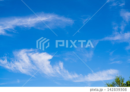 An amazingly beautiful view of the blue sky with blurring white clouds due to powerful upper currents of air masses and wind. The tops of crowns of green trees visible. Natural wallpaper, background An amazingly beautiful view of the blue sky with blurring white clouds due to powerful upper currents of air masses and wind. The tops of crowns of green trees visible. Natural wallpaper, background 142839308