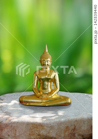front view beautiful golden buddha statue, sitting cross-legged on stone floor, blur green nature background, religion, buddha, copy space front view beautiful golden buddha statue, sitting cross-legged on stone floor, blur green nature background, religion, buddha, copy space 142839440