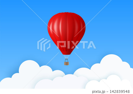 Vector Travel Banner with 3d Realistic Red Hot Air Balloon Icon on a Blue Sky Background. Design Template, Summer Vacation, Travelling, Tourism and Journey Concept Vector Travel Banner with 3d Realistic Red Hot Air Balloon Icon on a Blue Sky Background. Design Template, Summer Vacation, Travelling, Tourism and Journey Concept 142839548