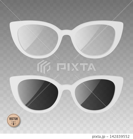 Cat Eye Glasses Vector Illustration. 3d White Cat Eye Glasses and Cat Eye Sunglasses Set. Retro Women Eyewear Illustration with Clear Lenses and Dark Shades. Fashion Accessory Isolated Cat Eye Glasses Vector Illustration. 3d White Cat Eye Glasses and Cat Eye Sunglasses Set. Retro Women Eyewear Illustration with Clear Lenses and Dark Shades. Fashion Accessory Isolated 142839552