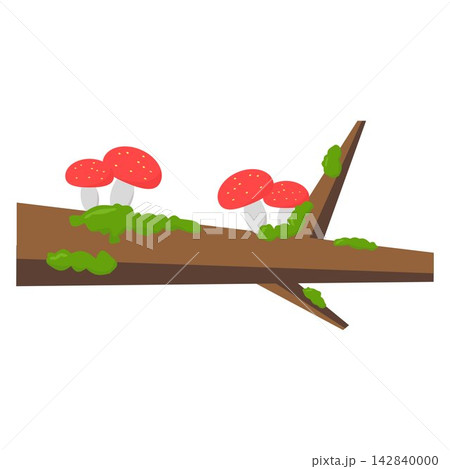 Minimalist Fallen Tree Log with Pink Mushrooms and Green Moss Patches Flat Graphic	 142840000