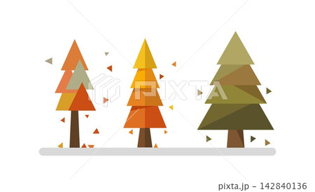 Geometric Autumn Pine Trees Vector Illustration in Flat Minimalist Style with Falling Leaves	 142840136