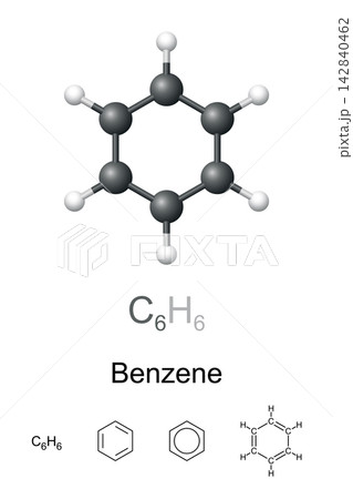 Benzene, C6H6, molecule model, chemical formula and structure. Hydrocarbon and organic compound of six carbon atoms joined in a planar hexagonal ring with one hydrogen atom attached to each. Vector Benzene, C6H6, molecule model, chemical formula and structure. Hydrocarbon and organic compound of six carbon atoms joined in a planar hexagonal ring with one hydrogen atom attached to each. Vector 142840462
