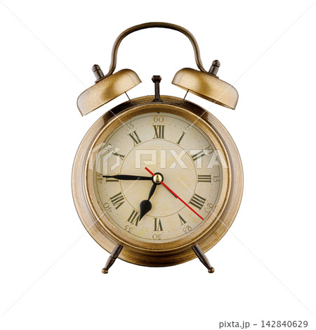 alarm clock, vintage clock with time 6 hours 45 minutes, a.m. 6:45, p.m. 6:45, on isolated white background alarm clock, vintage clock with time 6 hours 45 minutes, a.m. 6:45, p.m. 6:45, on isolated white background 142840629