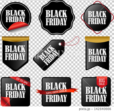 Black Friday discount sale tags and badges set with gold accents isolated on white background for retail promotion shopping banner design Black Friday discount sale tags and badges set with gold accents isolated on white background for retail promotion shopping banner design 142840666