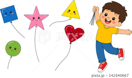 Cute cartoon boy holding geometric shape balloons set featuring star heart square circle and triangle for kids preschool learning activity Cute cartoon boy holding geometric shape balloons set featuring star heart square circle and triangle for kids preschool learning activity 142840667