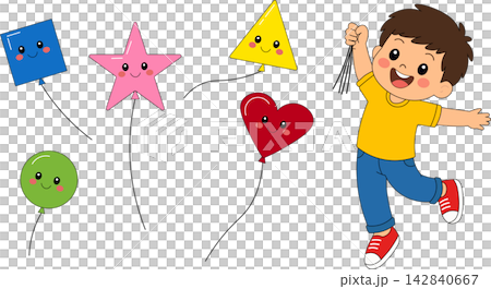 Cute cartoon boy holding geometric shape balloons set featuring star heart square circle and triangle for kids preschool learning activity Cute cartoon boy holding geometric shape balloons set featuring star heart square circle and triangle for kids preschool learning activity 142840667