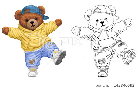 Cute Teddy Bear Character Wearing Trendy Streetwear with Yellow Hoodie and Blue Cap Jumping Happily with Black and White Line Art Coloring Page Version Included on White Background 142840692