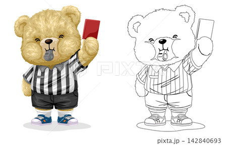 Cute Teddy Bear Referee Character Holding Up a Red Penalty Card and Blowing a Whistle with Outline Line Art Version for Coloring Book, Cartoon Sports Umpire Illustration for Kid Activities. Cute Teddy Bear Referee Character Holding Up a Red Penalty Card and Blowing a Whistle with Outline Line Art Version for Coloring Book, Cartoon Sports Umpire Illustration for Kid Activities. 142840693
