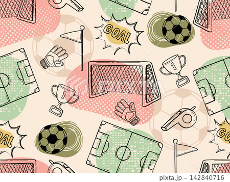 Seamless Soccer Football Hand Drawn Doodle Pattern Featuring Balls Goals Trophies Whistles and Field Elements on Pastel Background for Sport Theme Wallpaper Textile and Graphic Design Projects Seamless Soccer Football Hand Drawn Doodle Pattern Featuring Balls Goals Trophies Whistles and Field Elements on Pastel Background for Sport Theme Wallpaper Textile and Graphic Design Projects 142840716