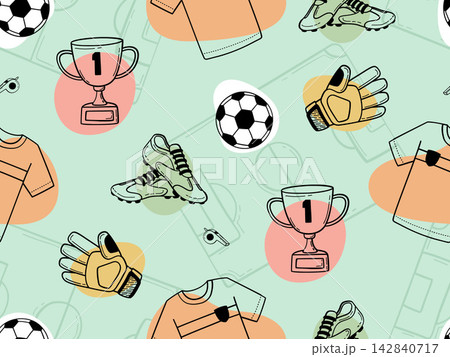 Seamless Pattern Illustration with Soccer and Football Icons Including Balls, Winner Trophies, Goalkeeper Gloves, Cleats, Jerseys, and Whistles on a Pastel Green Background for Sports Design. Seamless Pattern Illustration with Soccer and Football Icons Including Balls, Winner Trophies, Goalkeeper Gloves, Cleats, Jerseys, and Whistles on a Pastel Green Background for Sports Design. 142840717