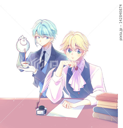 頬杖をつく貴族風の金髪の少年とお茶を淹れる執事 二次元キャラ イメージ 頬杖をつく貴族風の金髪の少年とお茶を淹れる執事 二次元キャラ イメージ 142840874