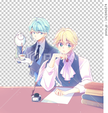 頬杖をつく貴族風の金髪の少年とお茶を淹れる執事 二次元キャラ イメージ 頬杖をつく貴族風の金髪の少年とお茶を淹れる執事 二次元キャラ イメージ 142840874