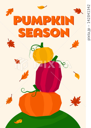 Pumpkin Season flat vector greeting card with stacked pumpkins and leaves Pumpkin Season flat vector greeting card with stacked pumpkins and leaves 142841342