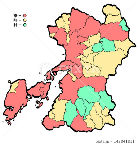 熊本県地図 市町村カラー （筆タッチ） 和風 142841811