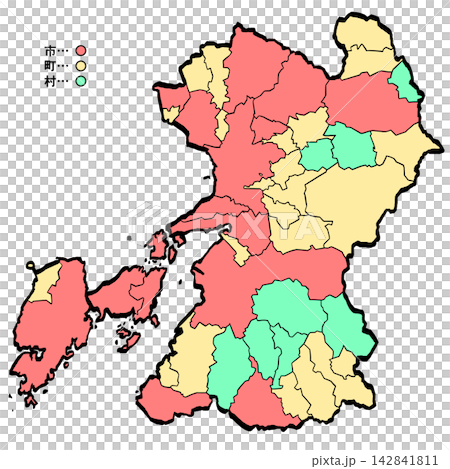 熊本県地図 市町村カラー （筆タッチ） 和風 142841811
