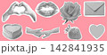 Halftone Love Elements Set with Heart, Lips, Kiss, Bow, Strawberry and Romantic Pop Art Collage on Pink Background 142841935