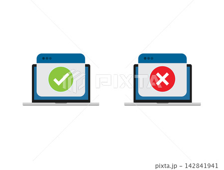 laptop screen showing success check mark and error cross mark icons laptop screen showing success check mark and error cross mark icons 142841941