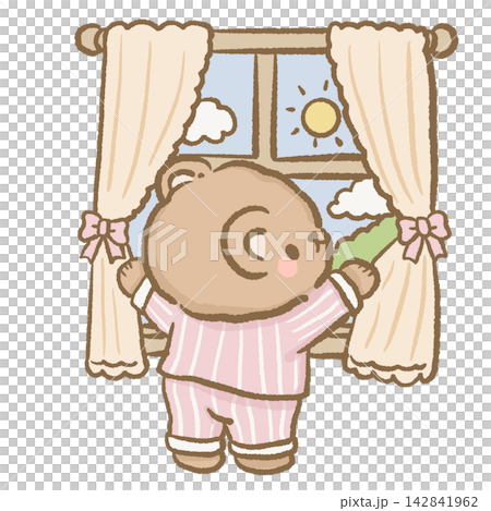 Cute Bear Opening Bedroom Curtains to Bright Morning Sunshine Wearing Pink Striped Pajamas Cozy Daily Routine Clipart Illustration 142841962