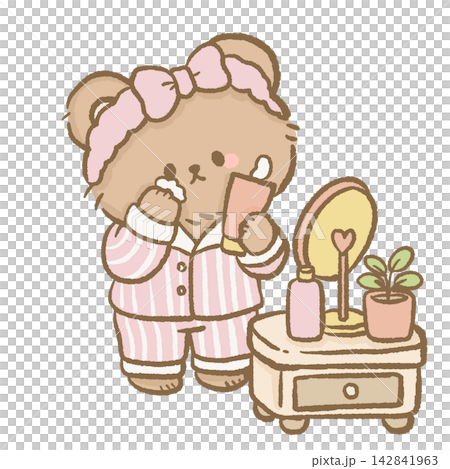 Cute Bedtime Bear Brushing Teeth in Front of Vanity Mirror Wearing Pink Striped Pajamas Kawaii Morning Self Care Routine Clipart Illustration Cute Bedtime Bear Brushing Teeth in Front of Vanity Mirror Wearing Pink Striped Pajamas Kawaii Morning Self Care Routine Clipart Illustration 142841963