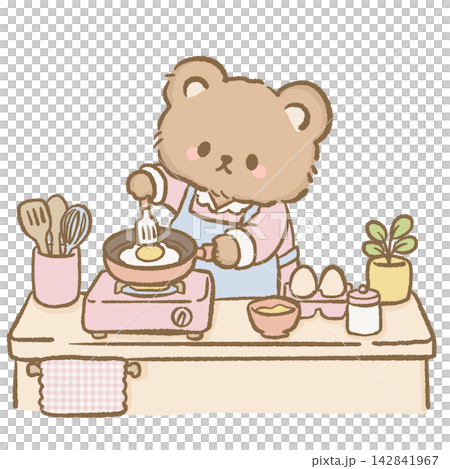 Cute Morning Bear Cooking Fried Egg in Pink Frying Pan Wearing Apron and Pajamas Cozy Kawaii Breakfast Routine Clipart Illustration Cute Morning Bear Cooking Fried Egg in Pink Frying Pan Wearing Apron and Pajamas Cozy Kawaii Breakfast Routine Clipart Illustration 142841967