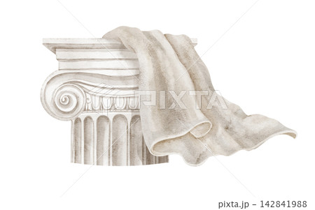 Ionic column capital with draped cloth watercolor illustration isolated on background. Classical architectural fragment with fabric for antique Mediterranean designs. Art of Italian or Greek history. 142841988