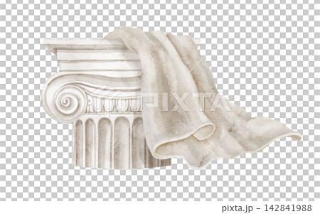 Ionic column capital with draped cloth watercolor illustration isolated on background. Classical architectural fragment with fabric for antique Mediterranean designs. Art of Italian or Greek history. 142841988