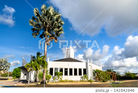 Exterior view of the modern Holy Family Catholic Cathedral surrounded by palm trees under a blue sky in Saint John's, Antigua and Barbuda. Exterior view of the modern Holy Family Catholic Cathedral surrounded by palm trees under a blue sky in Saint John's, Antigua and Barbuda. 142842846