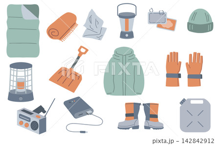 冬の防災グッズ・防寒備蓄用品のイラストセット 142842912