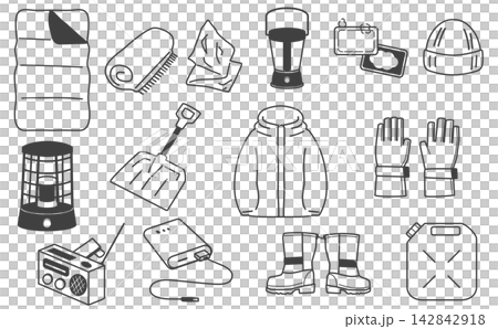 一套用於冬季災害防備物資和禦寒用品的線條藝術插圖。 一套用於冬季災害防備物資和禦寒用品的線條藝術插圖。 142842918