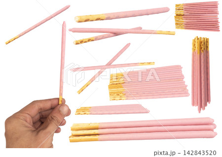 Chocolate biscuit sticks pink isolated on white background Chocolate biscuit sticks pink isolated on white background 142843520