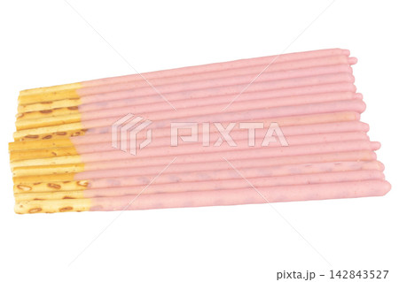 Chocolate biscuit sticks pink isolated on white background 142843527
