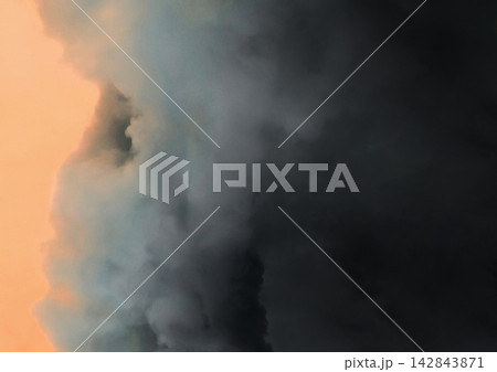 Smoke black dark industrial plant industry environmental pollution dark orange sunset sky Smoke black dark industrial plant industry environmental pollution dark orange sunset sky 142843871