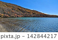 澄み渡る青空と紅葉の山々に囲まれた湖の景観 142844217