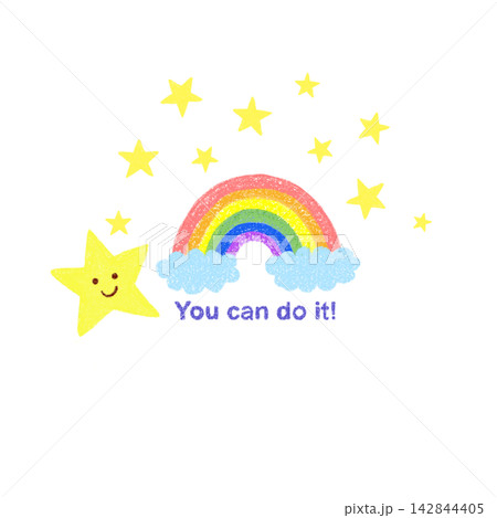 クレヨンで描いた笑顔の星と虹(You can do it) 142844405