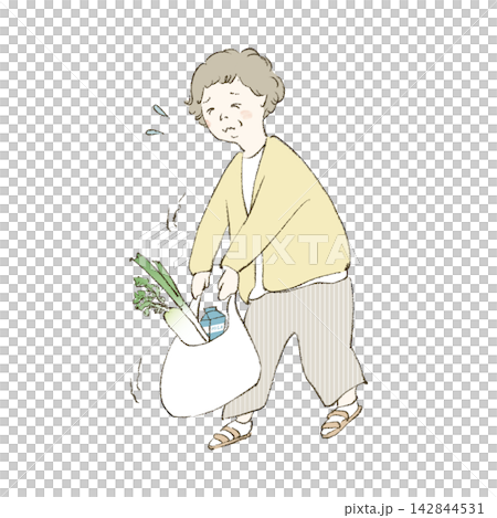 A middle-aged woman struggling with heavy shopping bags. A middle-aged woman struggling with heavy shopping bags. 142844531