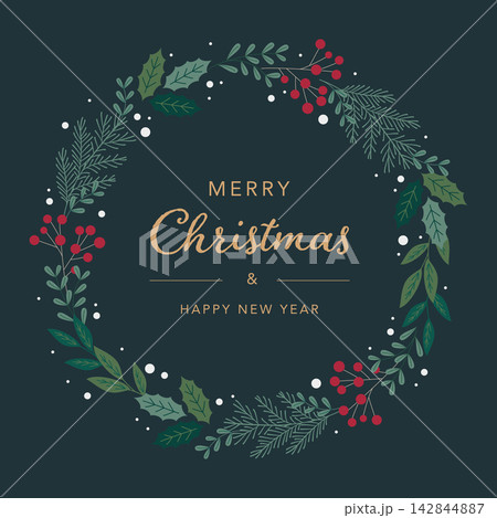 クリスマスリースと植物の濃緑背景カード ベクターイラスト クリスマスリースと植物の濃緑背景カード ベクターイラスト 142844887