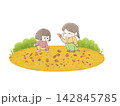 秋の公園で落ち葉を拾う親子　背景あり 142845785