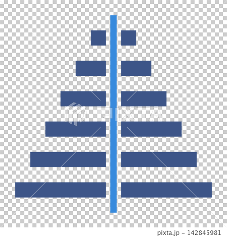 Symmetrical blue 6-tier pyramid chart; diagrammatic material for hierarchies and comparisons; transparent background. 142845981
