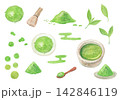 水彩絵の具で描いた抹茶のイメージセット 142846119