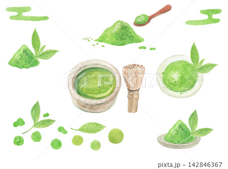 水彩絵の具で描いた抹茶のイメージセット 水彩絵の具で描いた抹茶のイメージセット 142846367