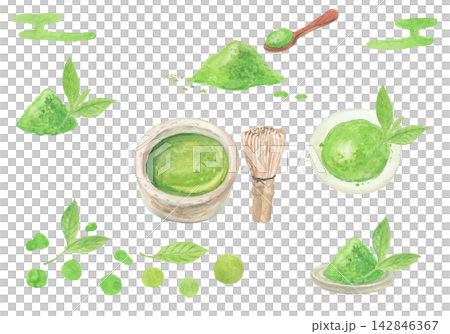 水彩絵の具で描いた抹茶のイメージセット 水彩絵の具で描いた抹茶のイメージセット 142846367