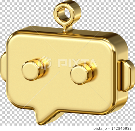 Gold metallic chatbot icon featuring robot face speech bubble shape with antenna and round eyes Gold metallic chatbot icon featuring robot face speech bubble shape with antenna and round eyes 142846952