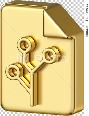 Gold metallic document file icon with git branch circuit structure and folded corner 142846953