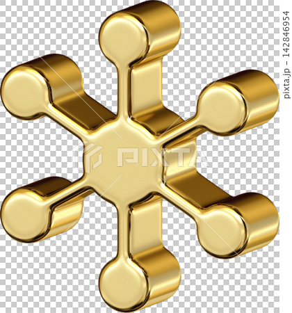 Gold metallic central node icon with six connection spoke and circle end Gold metallic central node icon with six connection spoke and circle end 142846954