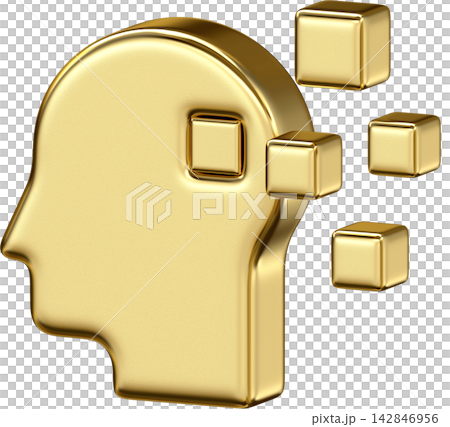 Gold metallic human head profile icon with square mind hole and data cube Gold metallic human head profile icon with square mind hole and data cube 142846956