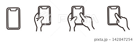 スマホを操作する手のシンプルな線画イラストのセット 142847254