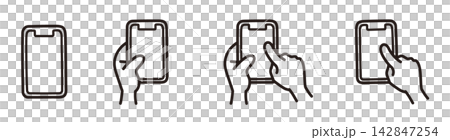 A set of simple line art illustrations of hands operating a smartphone. A set of simple line art illustrations of hands operating a smartphone. 142847254